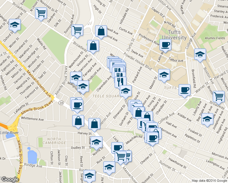 map of restaurants, bars, coffee shops, grocery stores, and more near 12 Moore Street in Somerville