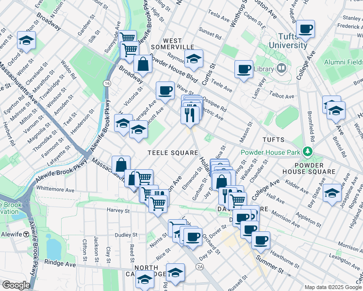 map of restaurants, bars, coffee shops, grocery stores, and more near 12 Moore Street in Somerville