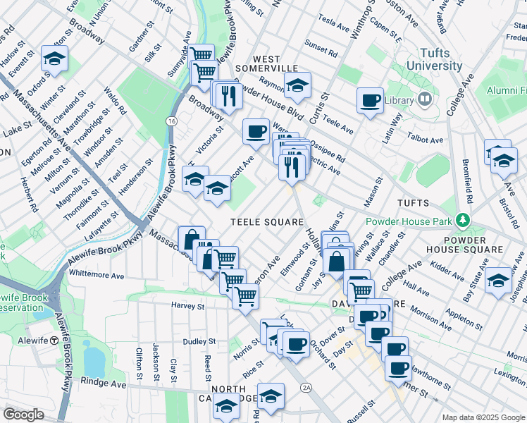 map of restaurants, bars, coffee shops, grocery stores, and more near 35 Newbury Street in Somerville