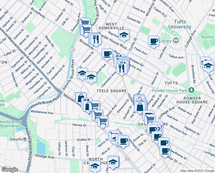 map of restaurants, bars, coffee shops, grocery stores, and more near 35 Newbury Street in Somerville
