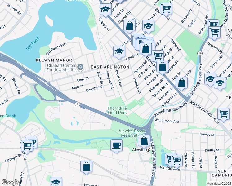 map of restaurants, bars, coffee shops, grocery stores, and more near 3 Osborne Road in Arlington