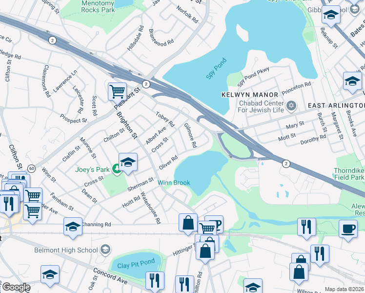 map of restaurants, bars, coffee shops, grocery stores, and more near 20 Little Pond Road in Belmont