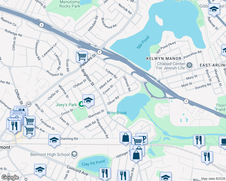 map of restaurants, bars, coffee shops, grocery stores, and more near 303 Cross Street in Belmont