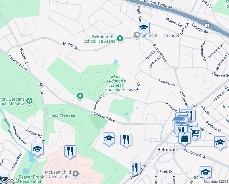 map of restaurants, bars, coffee shops, grocery stores, and more near 275 Somerset Street in Belmont