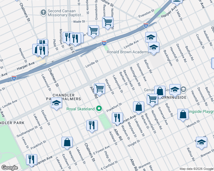 map of restaurants, bars, coffee shops, grocery stores, and more near 5594 Wayburn Street in Detroit