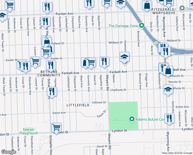 map of restaurants, bars, coffee shops, grocery stores, and more near 12833 Fenkell Avenue in Detroit