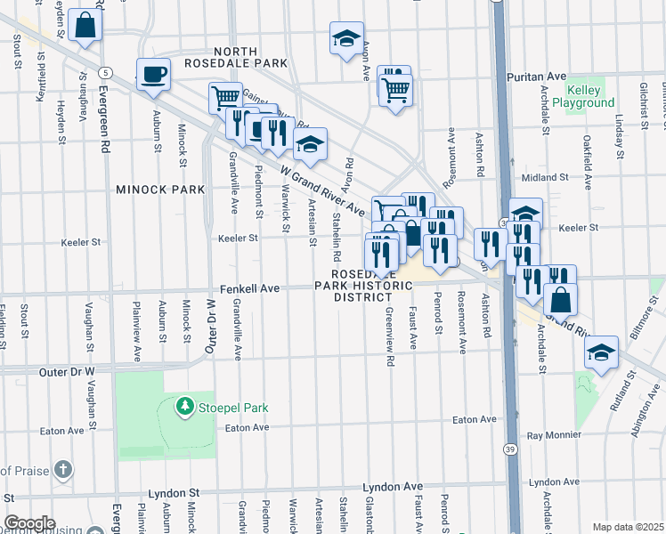 map of restaurants, bars, coffee shops, grocery stores, and more near 15348 Stahelin Road in Detroit