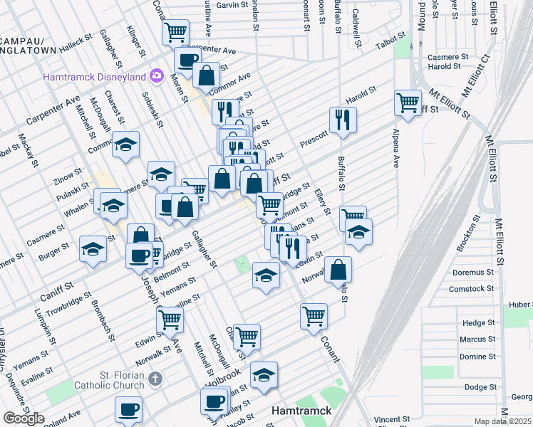 map of restaurants, bars, coffee shops, grocery stores, and more near 10300 Conant Street in Hamtramck