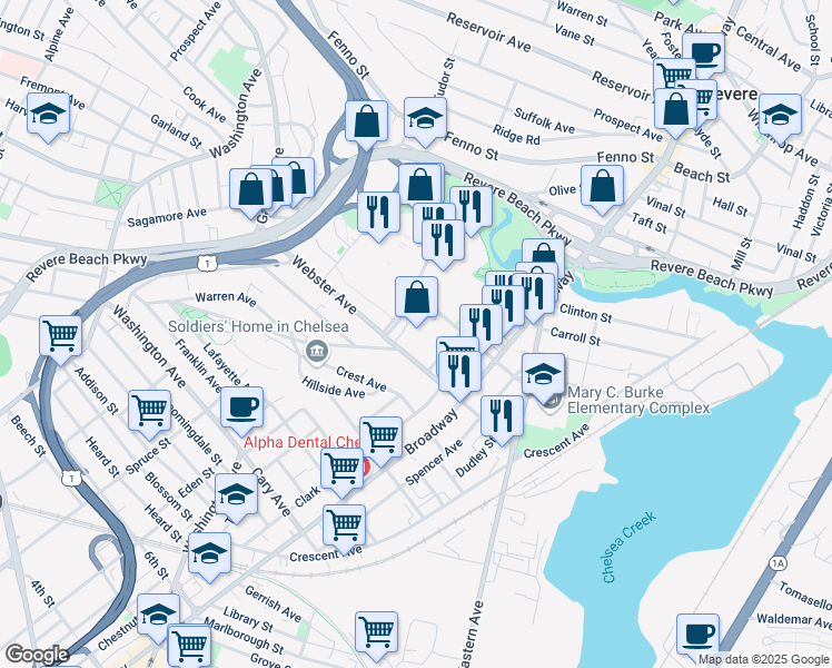 map of restaurants, bars, coffee shops, grocery stores, and more near 121 Webster Avenue in Chelsea