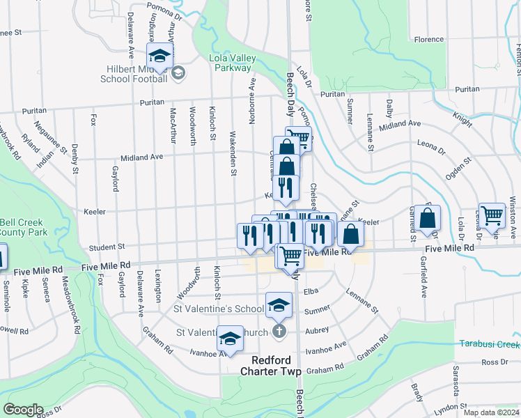 map of restaurants, bars, coffee shops, grocery stores, and more near 15450 Norborne in Redford Charter Township