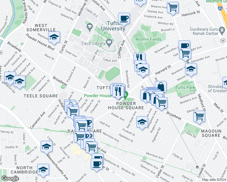 map of restaurants, bars, coffee shops, grocery stores, and more near 22 Powder House Boulevard in Somerville