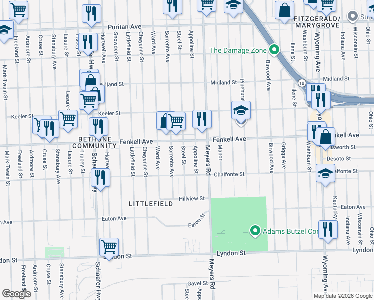 map of restaurants, bars, coffee shops, grocery stores, and more near 15110 Steel Street in Detroit