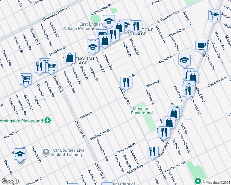 map of restaurants, bars, coffee shops, grocery stores, and more near 4348 Harvard Road in Detroit
