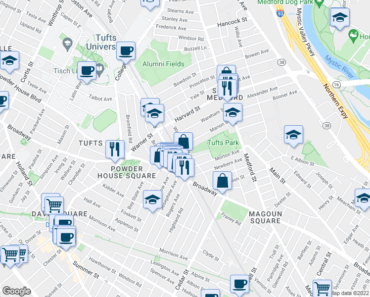 map of restaurants, bars, coffee shops, grocery stores, and more near 1 Winchester Place in Medford