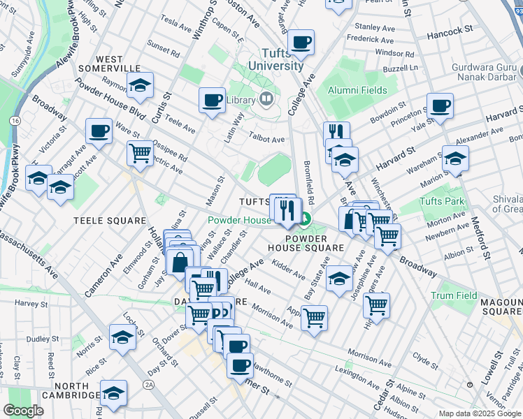 map of restaurants, bars, coffee shops, grocery stores, and more near 37 Walker Street in Somerville