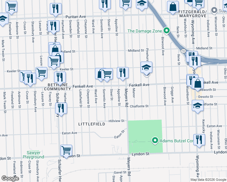 map of restaurants, bars, coffee shops, grocery stores, and more near 12833 Fenkell Avenue in Detroit
