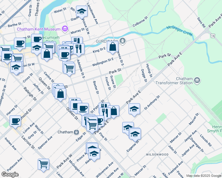 map of restaurants, bars, coffee shops, grocery stores, and more near 57 Foster Street in Chatham