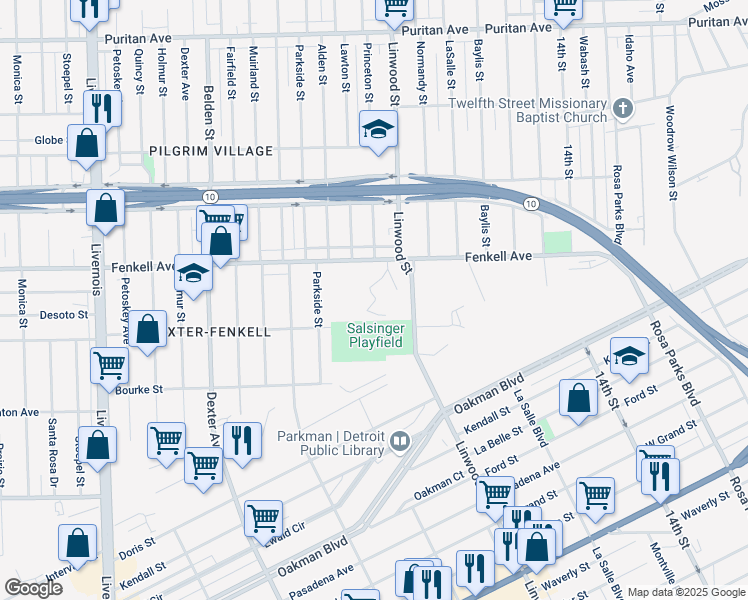 map of restaurants, bars, coffee shops, grocery stores, and more near 2701 Fenkell Street in Detroit