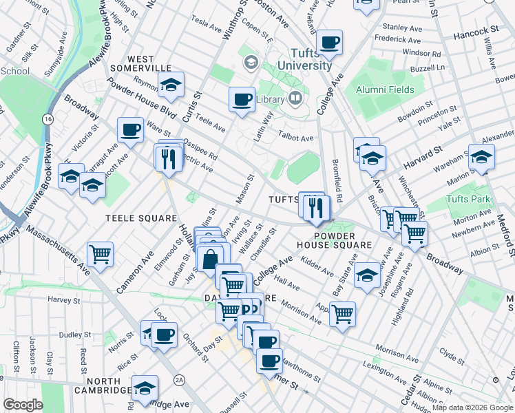 map of restaurants, bars, coffee shops, grocery stores, and more near 27 Burnham Street in Somerville
