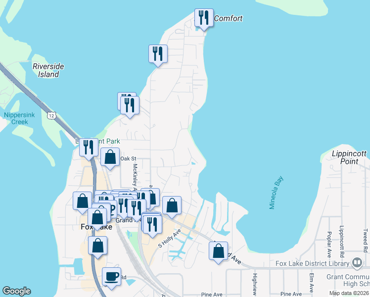 map of restaurants, bars, coffee shops, grocery stores, and more near 101 Woodhills Bay Road in Fox Lake