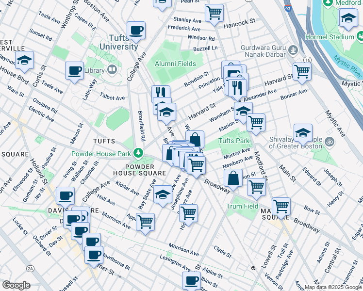 map of restaurants, bars, coffee shops, grocery stores, and more near 8 Winchester Court in Medford