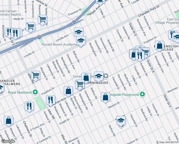 map of restaurants, bars, coffee shops, grocery stores, and more near 5201 Chatsworth Street in Detroit