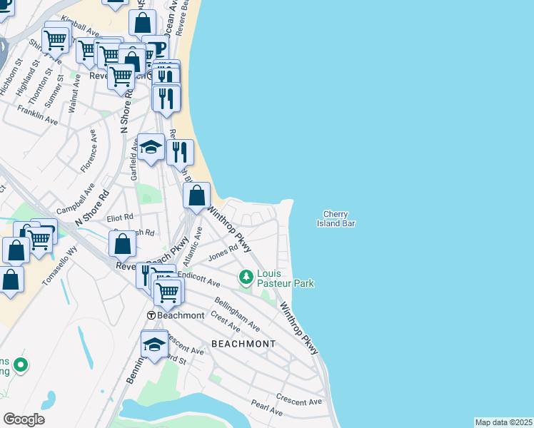 map of restaurants, bars, coffee shops, grocery stores, and more near 15 Undine Avenue in Revere