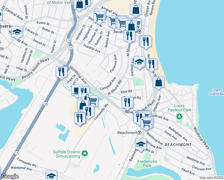 map of restaurants, bars, coffee shops, grocery stores, and more near 55 Campbell Avenue in Revere