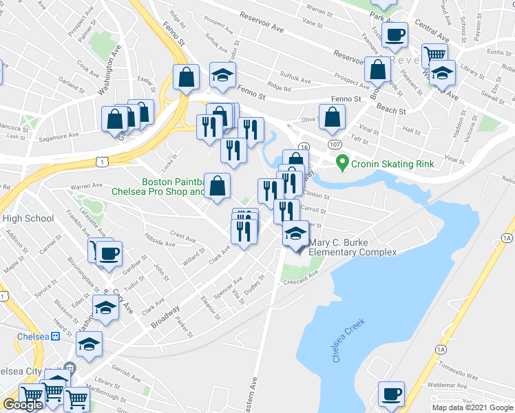 map of restaurants, bars, coffee shops, grocery stores, and more near 75 Gillooly Road in Chelsea