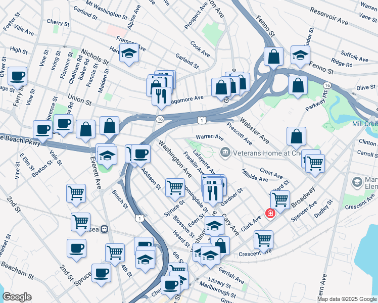map of restaurants, bars, coffee shops, grocery stores, and more near 161 Summit Avenue in Chelsea