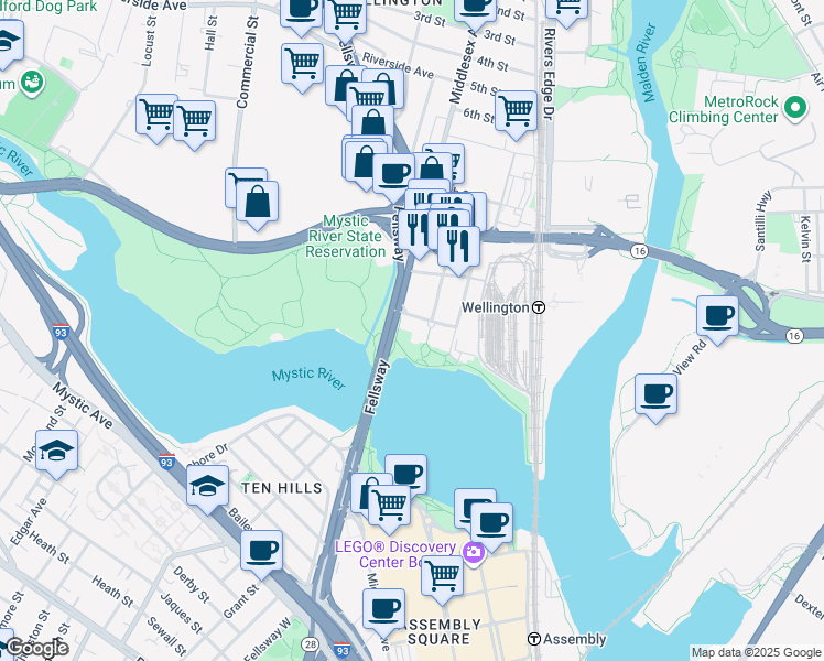 map of restaurants, bars, coffee shops, grocery stores, and more near 814 Presidents Landing in Medford