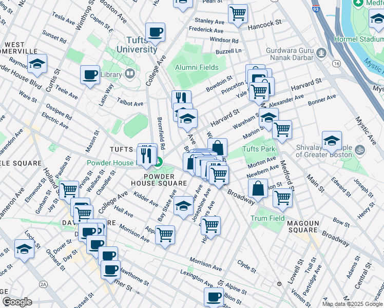 map of restaurants, bars, coffee shops, grocery stores, and more near 601 Boston Avenue in Medford