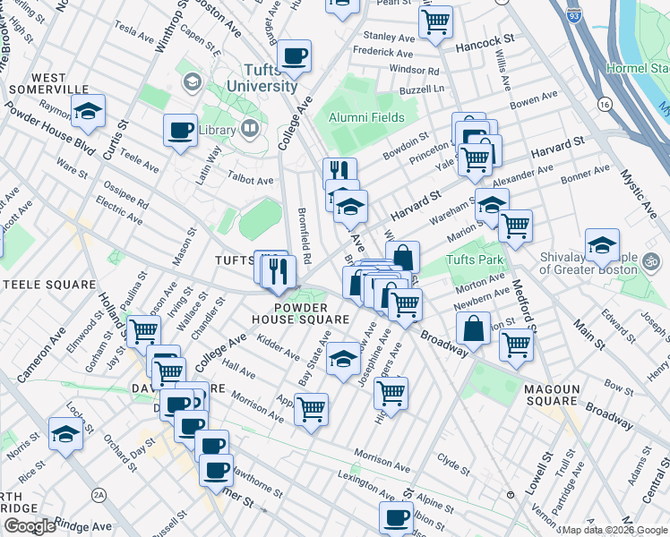 map of restaurants, bars, coffee shops, grocery stores, and more near 37 Warner Street in Somerville