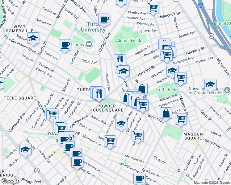 map of restaurants, bars, coffee shops, grocery stores, and more near 37 Warner Street in Somerville