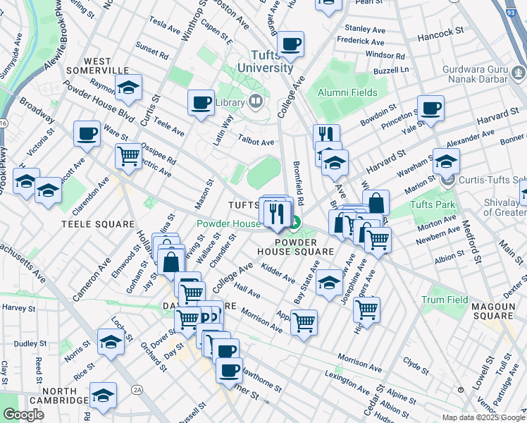map of restaurants, bars, coffee shops, grocery stores, and more near 22 Powder House Boulevard in Somerville