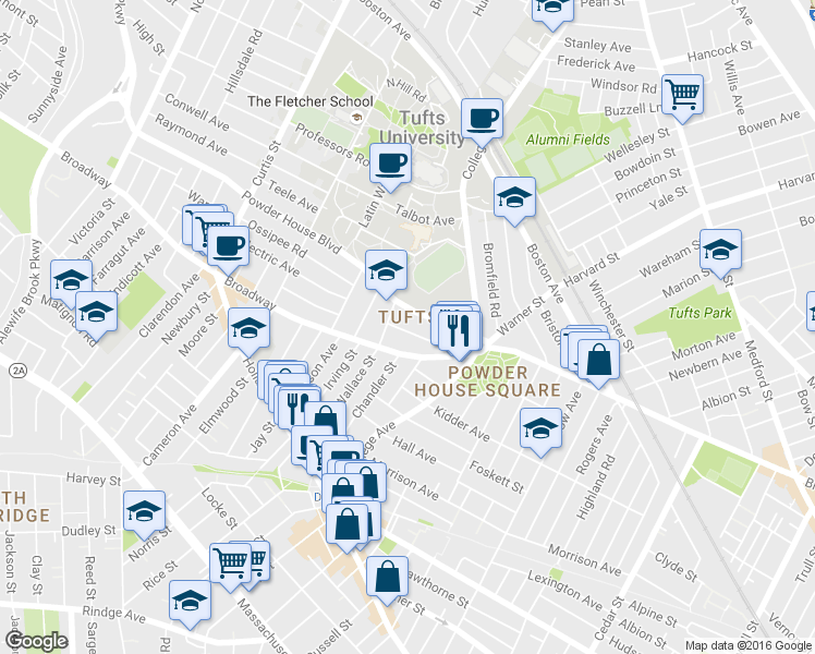 map of restaurants, bars, coffee shops, grocery stores, and more near 42 Powder House Boulevard in Somerville