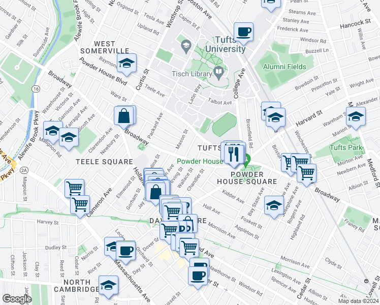 map of restaurants, bars, coffee shops, grocery stores, and more near 27 Burnham Street in Somerville