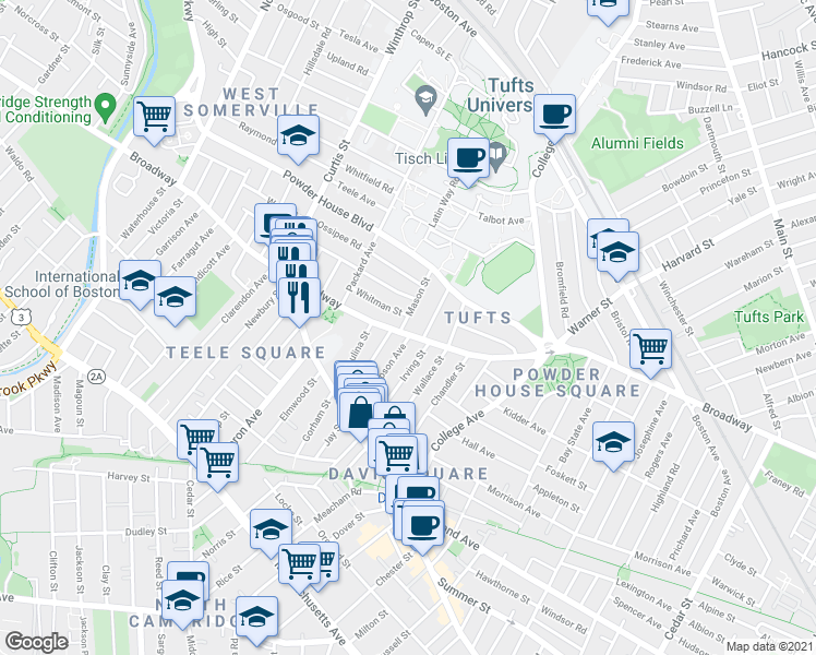 map of restaurants, bars, coffee shops, grocery stores, and more near 2 Whitman Street in Somerville