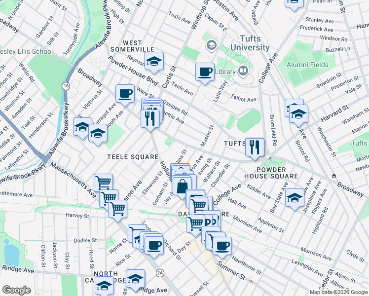 map of restaurants, bars, coffee shops, grocery stores, and more near 1043 Broadway in Somerville