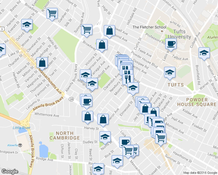 map of restaurants, bars, coffee shops, grocery stores, and more near 65 Clarendon Avenue in Somerville