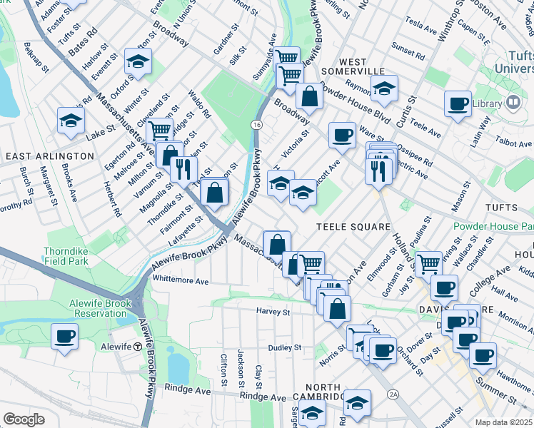 map of restaurants, bars, coffee shops, grocery stores, and more near 44 Matignon Road in Cambridge