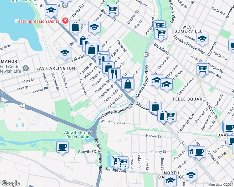 map of restaurants, bars, coffee shops, grocery stores, and more near 14-16 Thorndike Street in Arlington