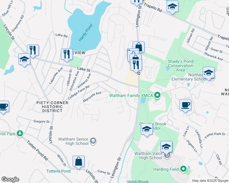 map of restaurants, bars, coffee shops, grocery stores, and more near 112 College Farm Road in Waltham