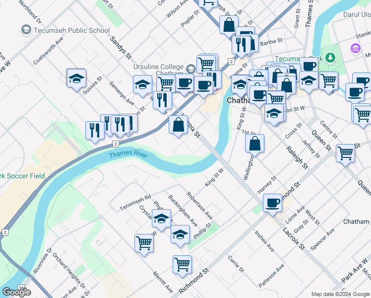 map of restaurants, bars, coffee shops, grocery stores, and more near 64 Mary Street in Chatham-Kent