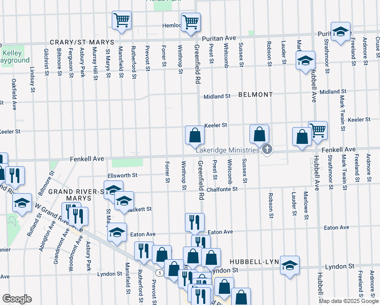 map of restaurants, bars, coffee shops, grocery stores, and more near 15321 Greenfield Road in Detroit