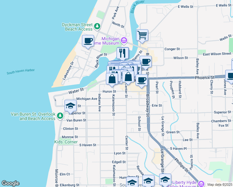 map of restaurants, bars, coffee shops, grocery stores, and more near 401 Huron Street in South Haven