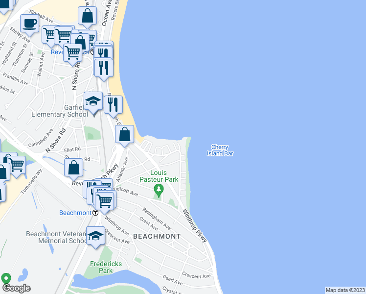map of restaurants, bars, coffee shops, grocery stores, and more near 2A Mermaid Avenue in Revere