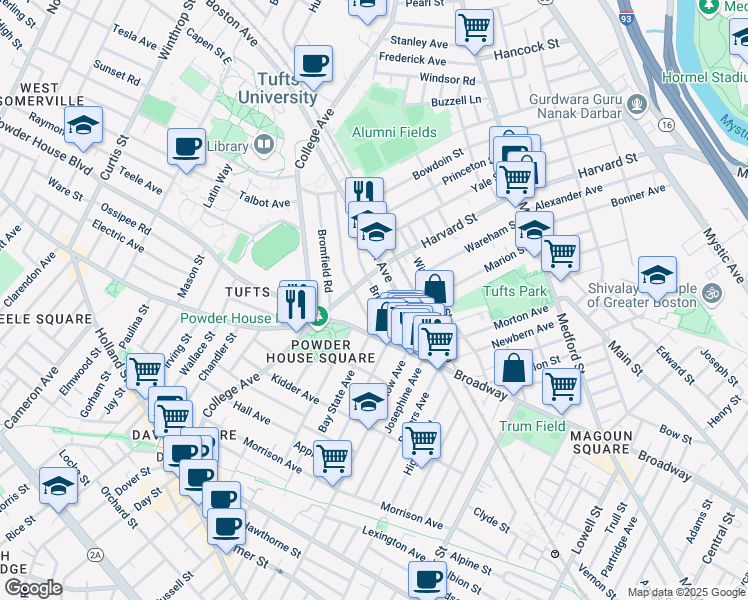 map of restaurants, bars, coffee shops, grocery stores, and more near 601 Boston Avenue in Medford