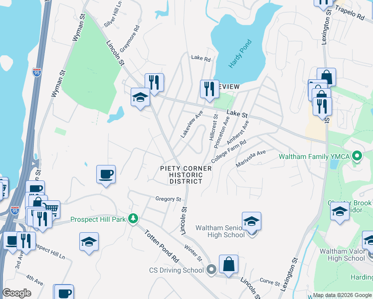 map of restaurants, bars, coffee shops, grocery stores, and more near 231 Pine Hill Circle in Waltham