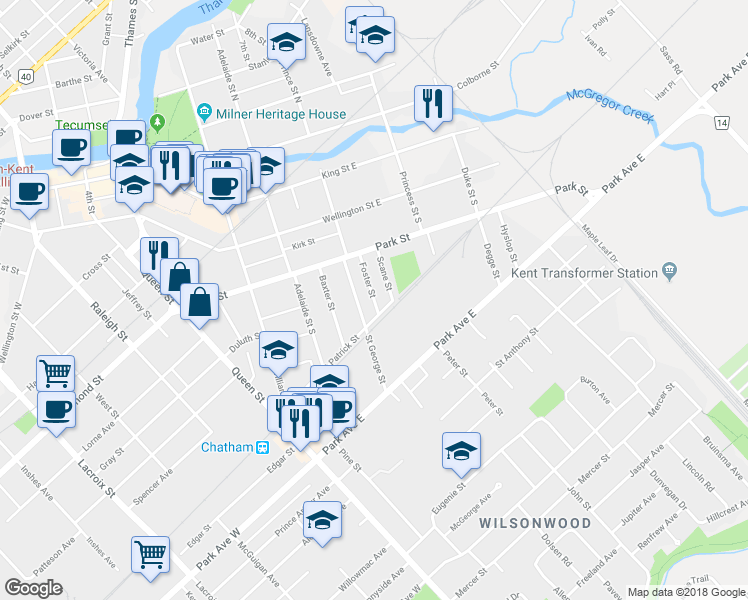 map of restaurants, bars, coffee shops, grocery stores, and more near 52 Foster Street in Chatham-Kent